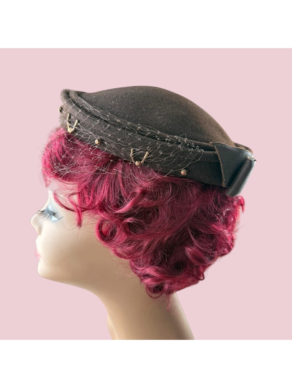 Vintage 1950s Brown Felt Pillbox Hat: Beaded Veil Fascinator